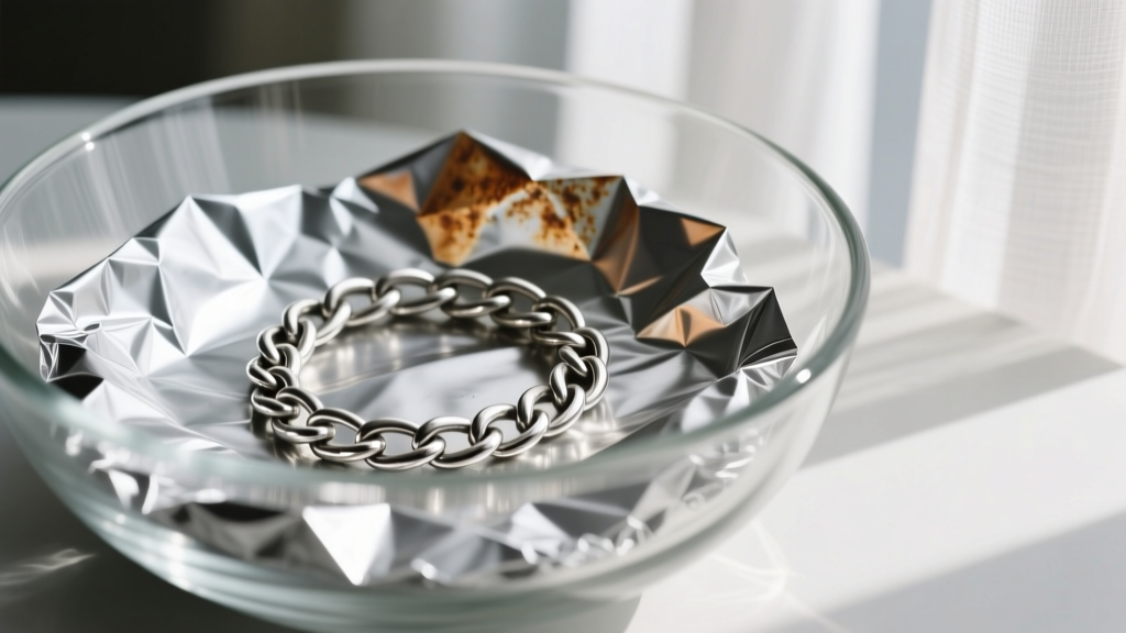 Macro shot of tarnished 925 sterling silver chain resting on crumpled aluminum foil in a glass bowl under soft lighting
