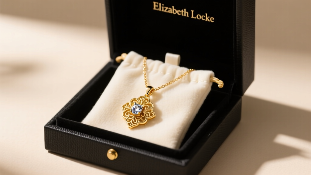 Open anti-tarnish jewelry box displaying an Elizabeth Locke 19k gold pendant necklace safely stored in a separate microfiber pouch