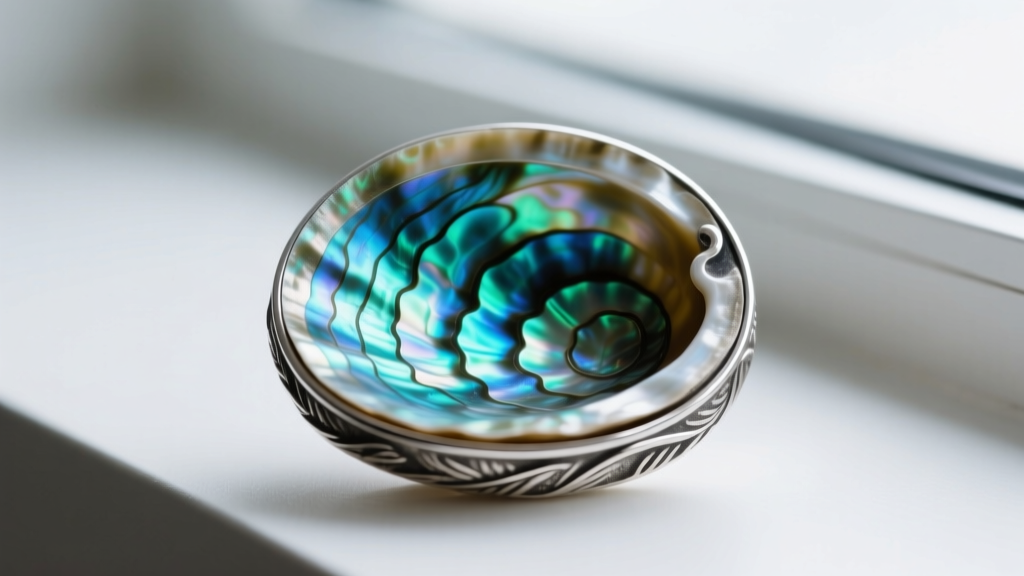 Macro shot of iridescent Paua abalone shell set in a bezel of oxidized 925 sterling silver, highlighting blue-green patterns.