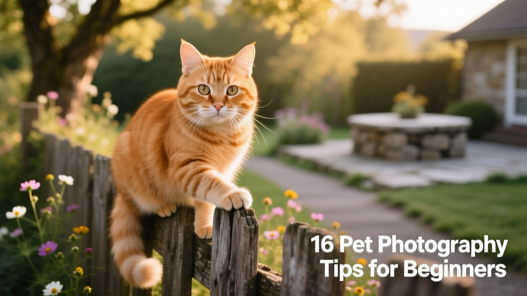 A ginger cat perched calmly on a wooden fence, bathed in soft afternoon light