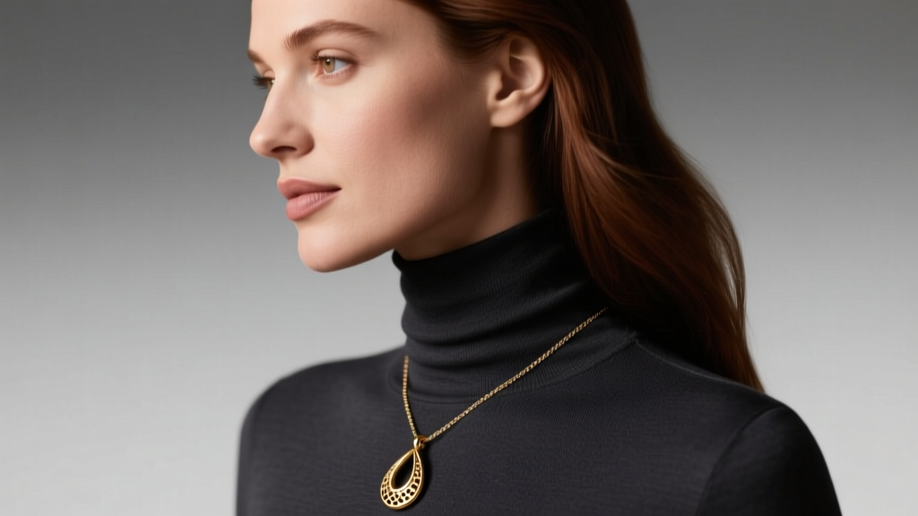 Profile shot of a woman wearing an 18k gold Elsa Peretti teardrop pendant on a fine mesh chain against a dark charcoal turtleneck