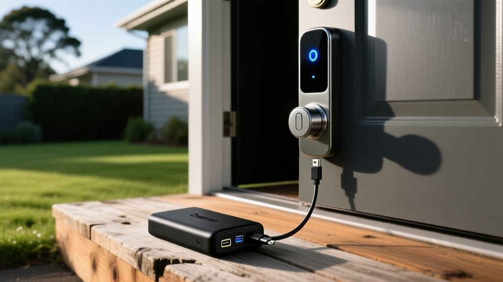 High-capacity USB-C power bank temporarily powering an exterior smart deadbolt during a simulated grid outage in a Christchurch home setting.
