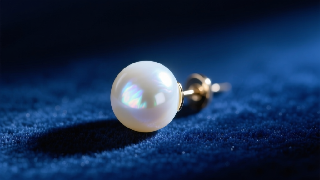 Close-up of a luminous white Akoya pearl earring on dark blue velvet, softly lit to mimic Vermeer's chiaroscuro painting style.