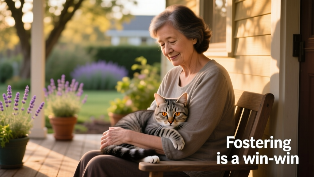 A person sitting quietly with an elderly cat on their lap, both relaxed and calm in soft natural light