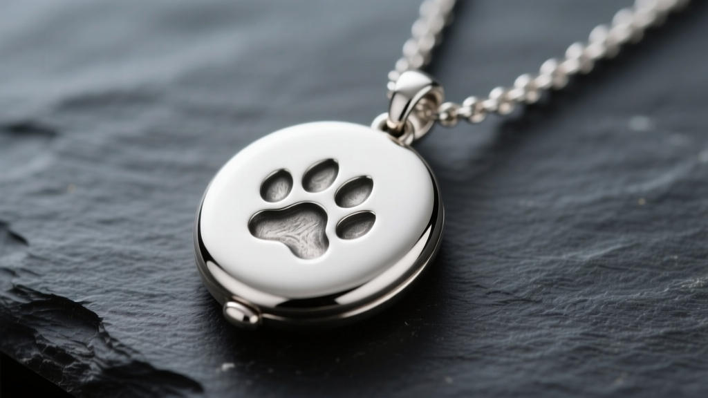 Macro photography of a sterling silver cremation locket dog pendant necklace with a paw print engraving, resting on dark slate.