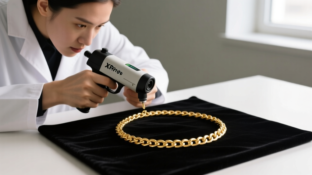Jeweler using an XRF spectrometer gun to test the purity of a delicate 14K gold figaro necklace on a black velvet testing mat.
