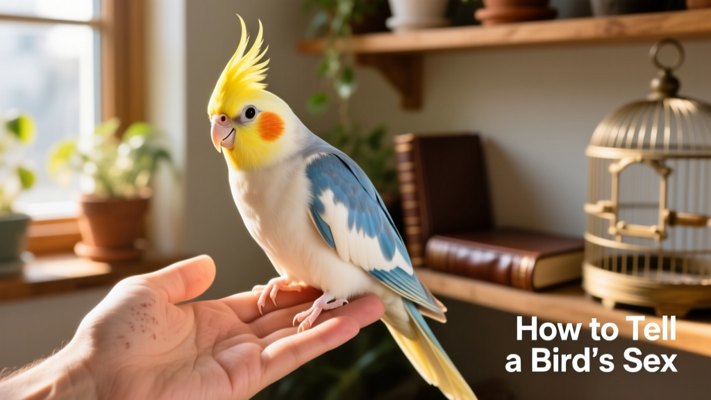 A curious cockatiel perched on a hand, looking alert and engaged