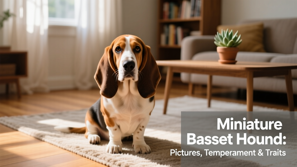 A friendly Miniature Basset Hound sitting calmly on a sunlit living room rug, ears draped gently over its shoulders