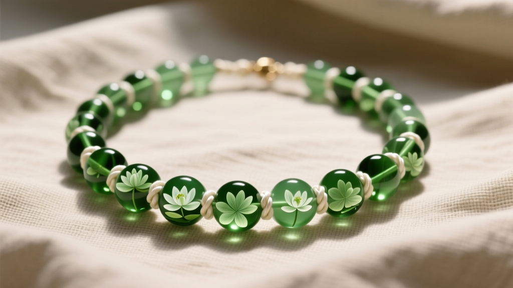 Vivid olive peridot bead necklace on raw linen, showing lily pad inclusions and hand-knotted silk thread under soft studio light