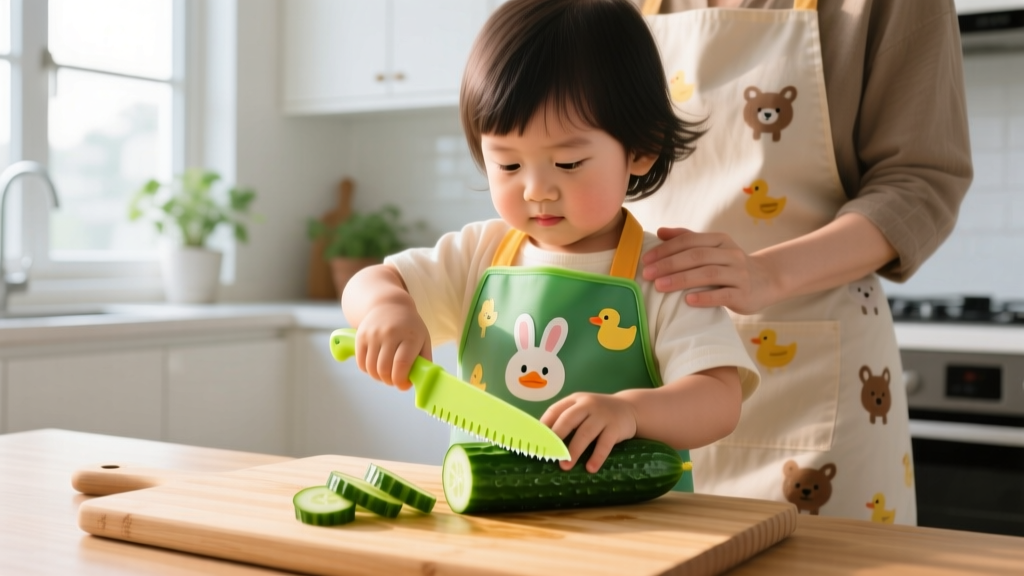 Child in silicone apron slicing cucumbers with a nylon serrated knife on a bamboo cutting board while a parent supervises closely nearby