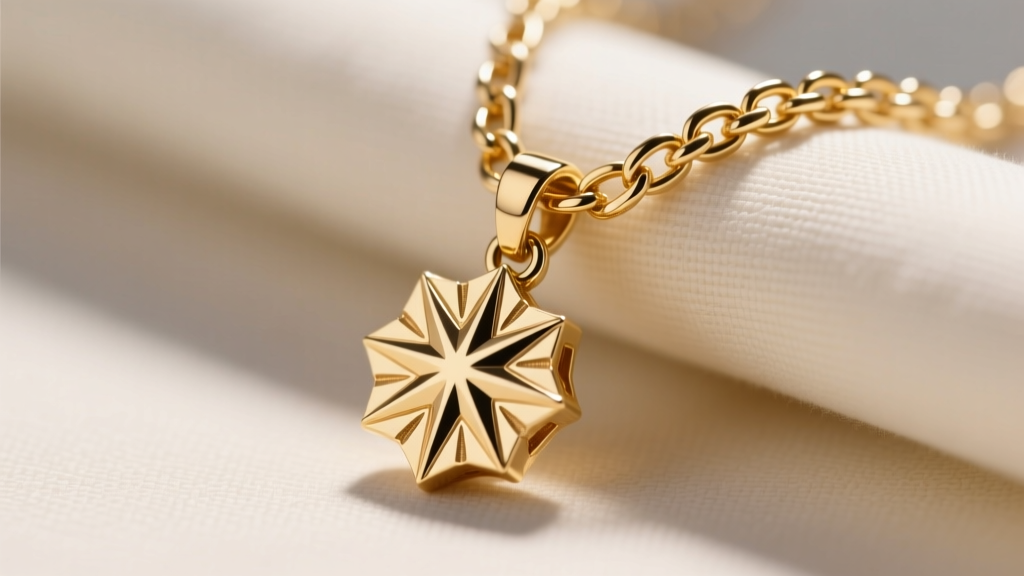 Macro shot of a 0.9mm 14k gold box chain and 5mm starburst pendant, highlighting intricate metalwork and a tiny spring ring clasp.