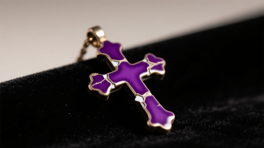 Macro shot of a scratched purple enamel cross pendant showing micro-abrasions and chipped edges under bright jeweler's lighting