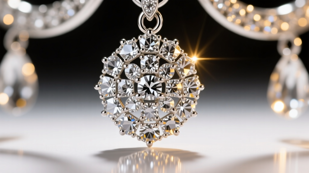 Macro photo of a rhodium-plated chandelier earring with intricate pavé cubic zirconia crystals catching warm studio light