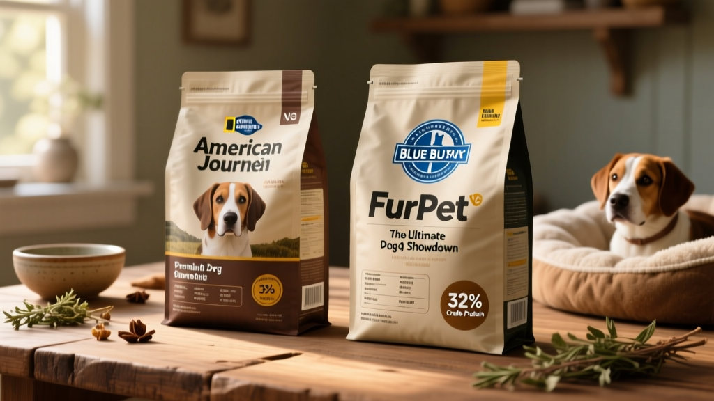 Side-by-side packaging shots of American Journey and FurPetVo dry dog food bags, showing ingredient lists and protein percentages
