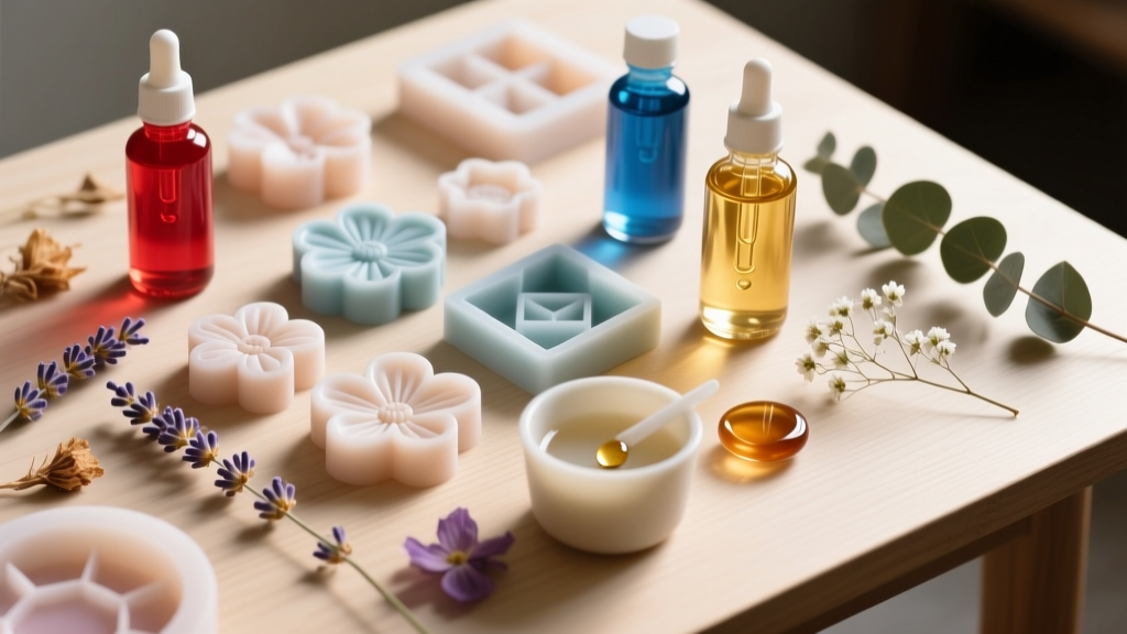 Top-down view of a beginner resin jewelry workspace with silicone molds, epoxy bottles, and dried flowers in warm natural light.