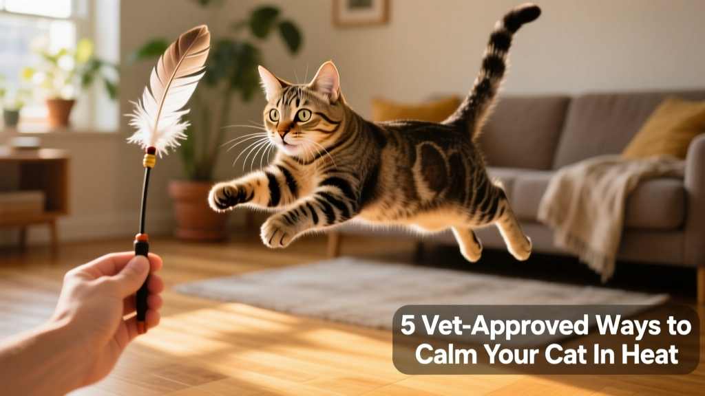 Cat playing energetically with a feather wand toy held by a hand
