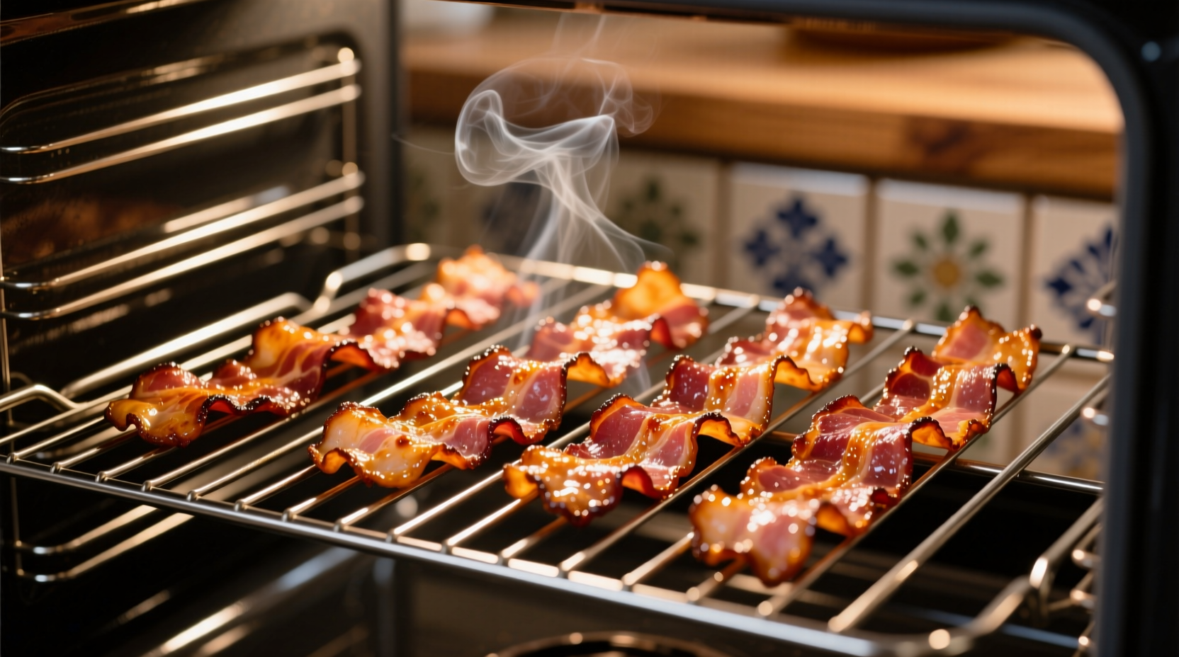 Bacon strips cooking evenly on wire rack in oven