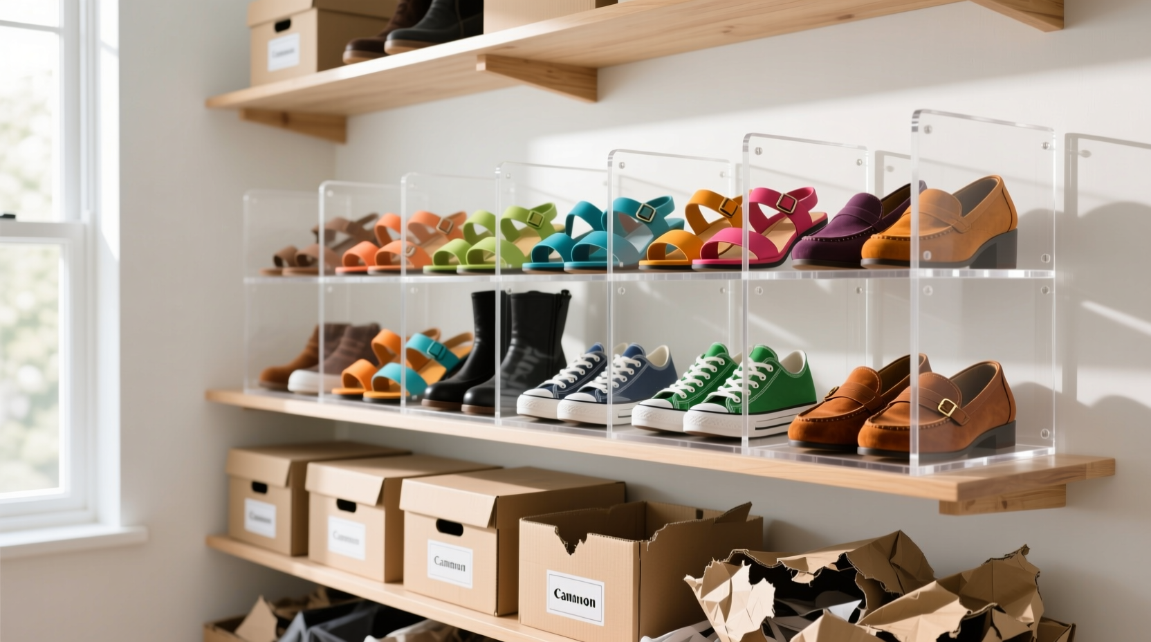 closet organization tips acrylic vs cardboard for shoes