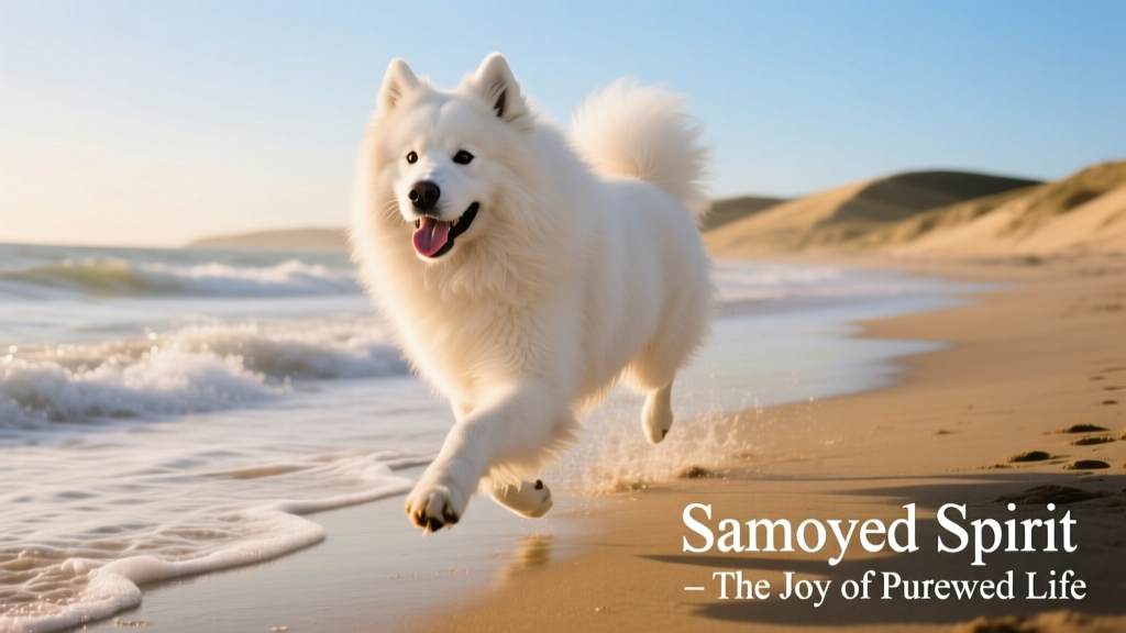 Adult Samoyed dog runs on beach shore