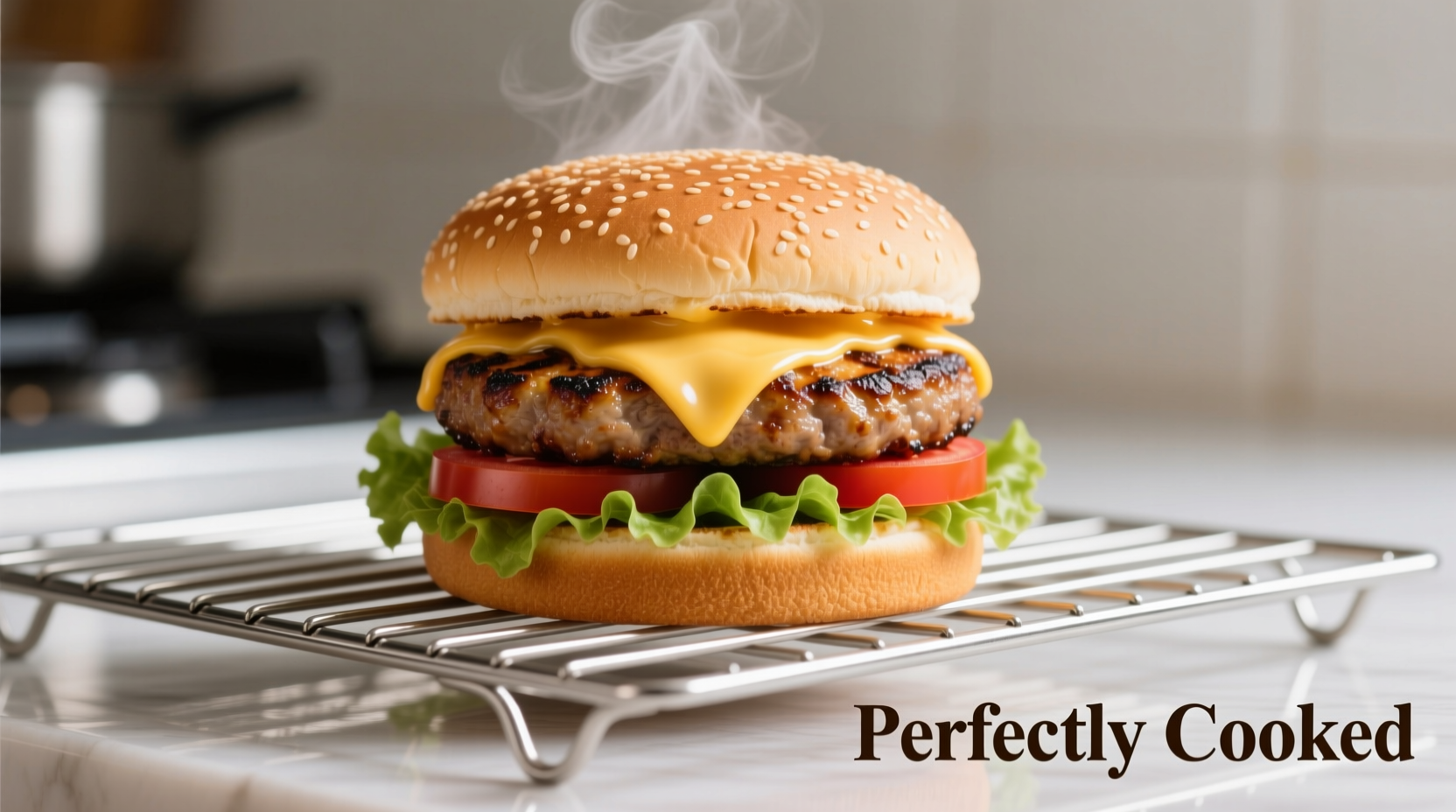 Perfectly cooked frozen burger on oven rack