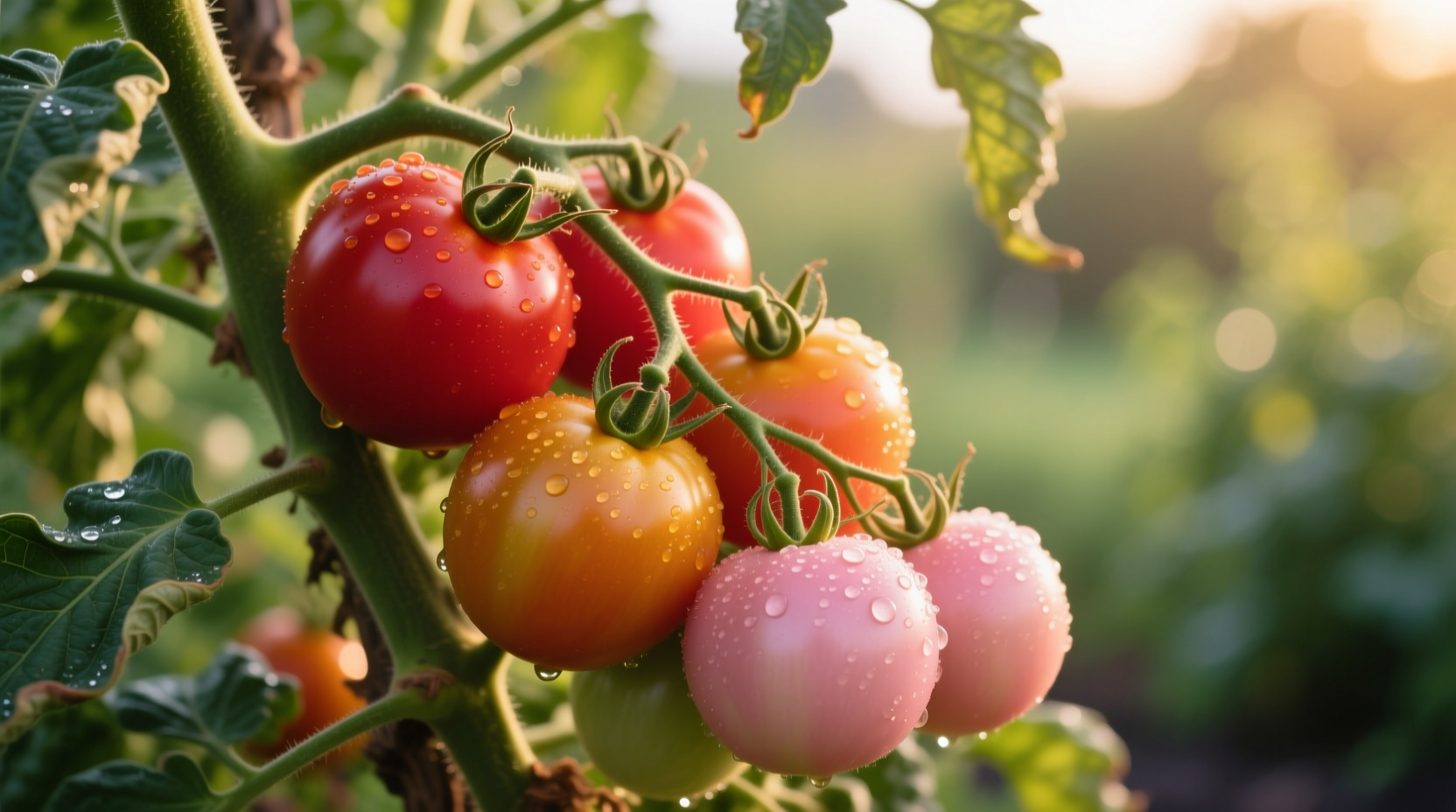 Ripe tomatoes at various color stages on vine