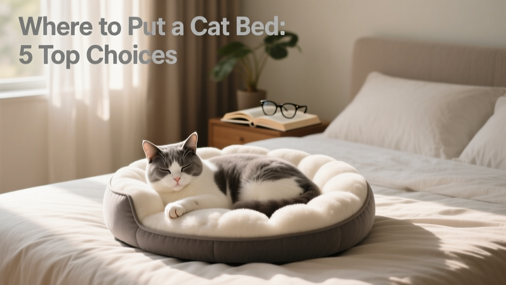 A FurPetVo memory foam cat bed placed beside a human bed, with a sleeping cat curled up on it