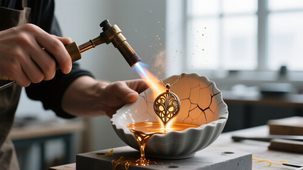 Jeweler using a torch to cast a bronze pendant in a ceramic shell mold, highlighting lost-wax casting for fantasy jewelry replicas