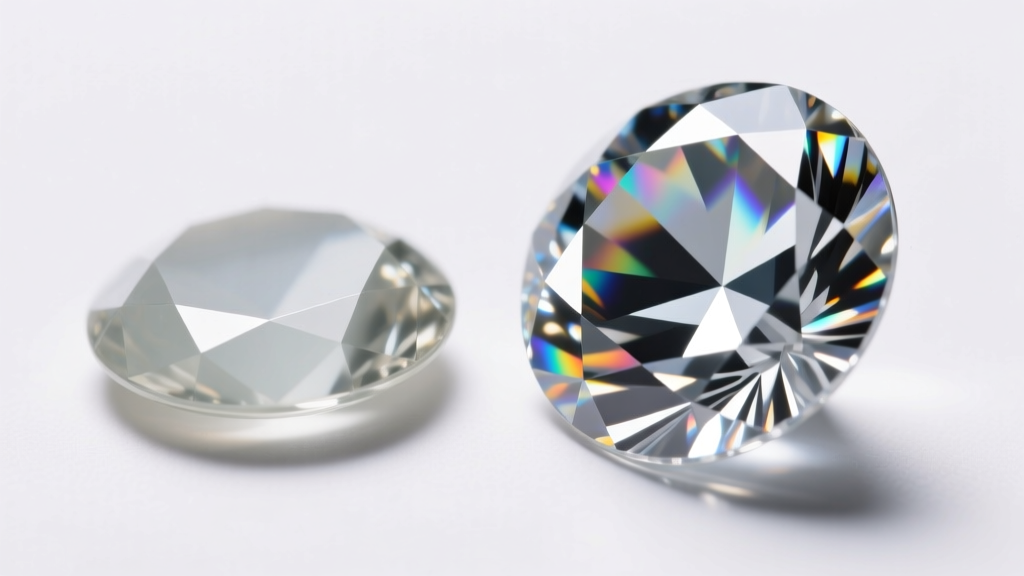 Macro shot comparing a dull acrylic rhinestone with a brilliant machine-cut glass stone side-by-side under bright studio lighting.