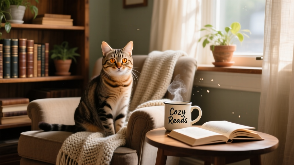A friendly-looking cat sitting beside a cozy reading nook with a book and mug nearby, suggesting a relaxed, homey environment