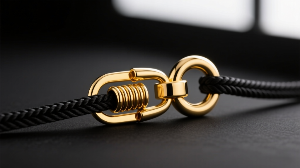 Side profile of a 14k yellow gold lobster clasp on black silk thread, highlighting the spring mechanism and soldered jump ring