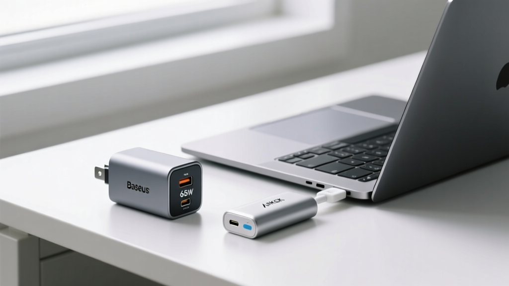Baseus 65W GaN charger and Anker Nano power bank plugged into modern laptop on clean white workspace showing size comparison