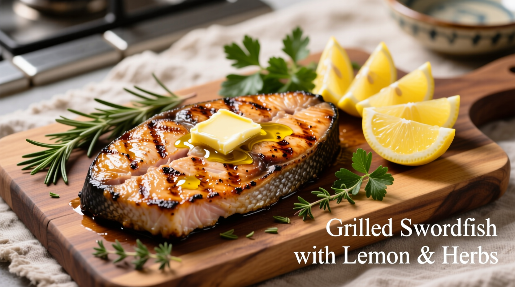 Grilled swordfish steak with lemon wedges and herbs