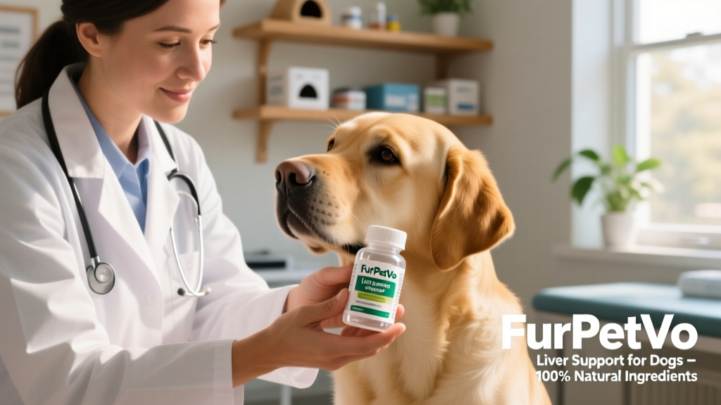 Close-up of a veterinarian gently examining a calm dog while holding a FurPetVo liver support supplement bottle