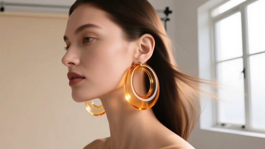 Model wearing 60mm translucent amber resin hoop earrings, demonstrating how the lightweight material prevents earlobe drooping