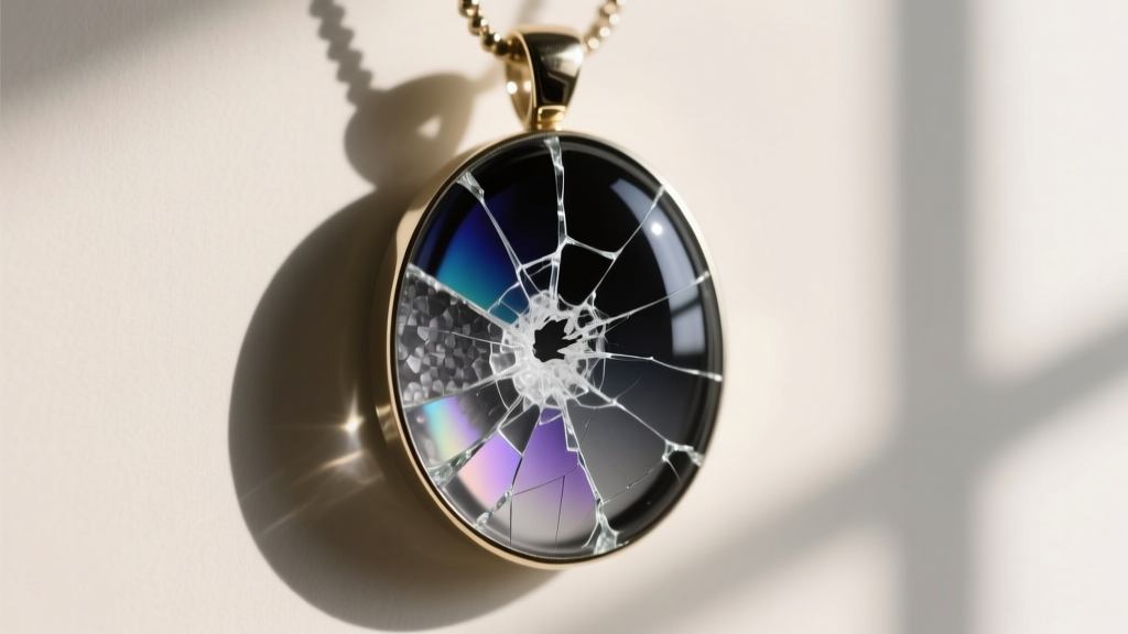 Macro photography of a cracked glass mood pendant cabochon revealing the dark, dried thermochromic liquid crystal layer inside.