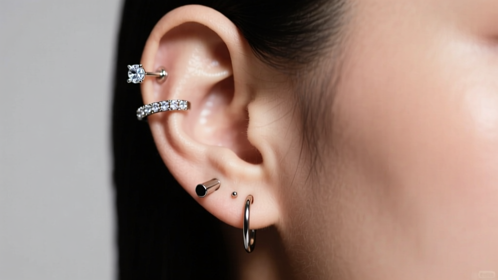 Side profile of an ear curation featuring a diamond ear crawler, a flat-back labret, and a small seamless hoop in soft light