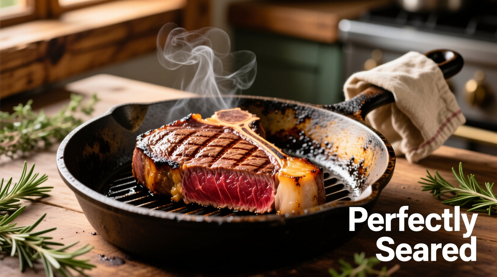 Perfectly seared filet mignon in cast-iron skillet