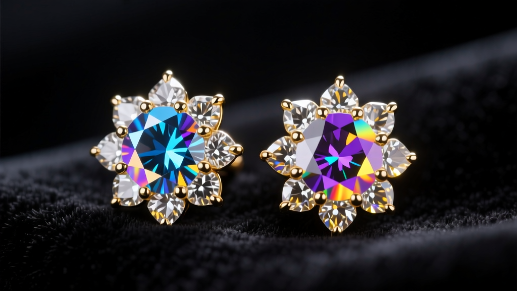 Close-up of 14k white gold moissanite cluster studs on dark velvet, highlighting fiery rainbow dispersion in studio light.