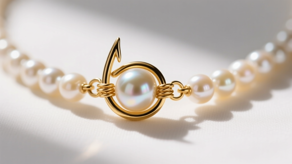 Macro of a 14k gold fishhook clasp on a seed pearl necklace, showing fine French wire guards protecting the delicate silk thread.