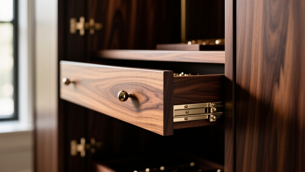 Close-up of wood grain veneer and side-mounted ball-bearing drawer glides on a dark walnut finish jewelry armoire cabinet interior.