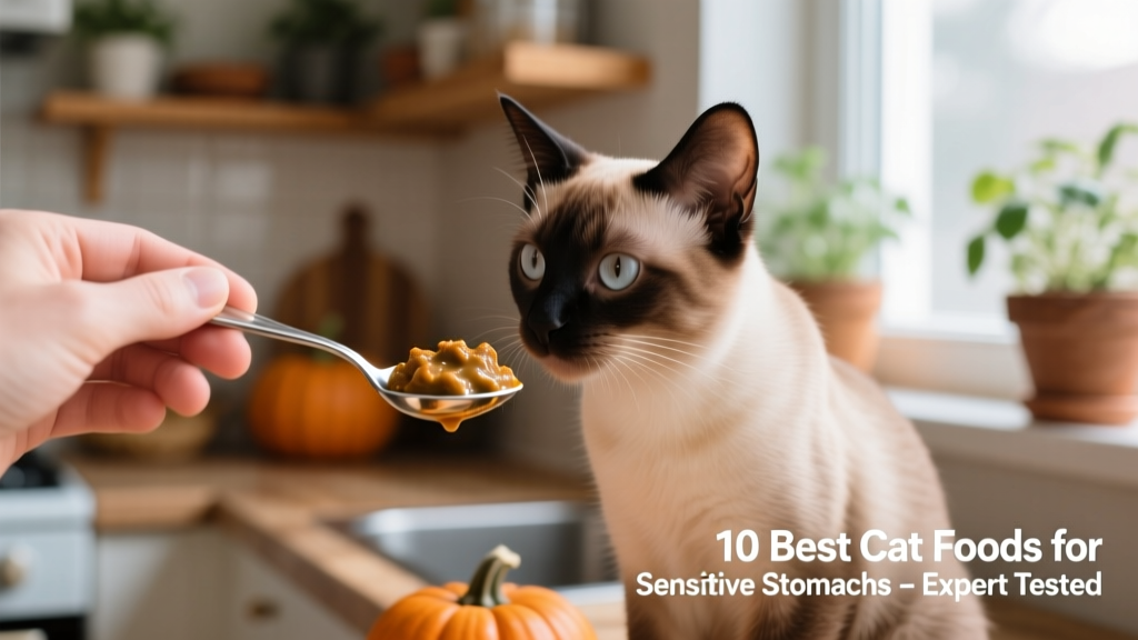 A hand offering a small scoop of moist, pumpkin-based cat food from a spoon to a seated cat