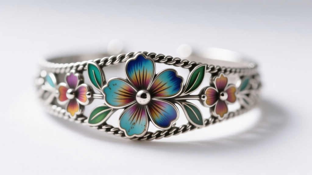 Macro photography of silver-tone Dresden mesh jewelry showing delicate hand-painted floral enamel details and slight patina aging.