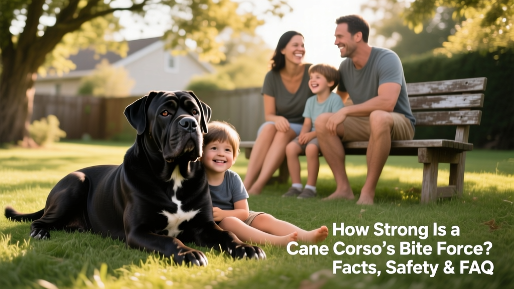 Cane Corso resting beside a family on a grassy yard, showing relaxed body language and soft eye contact