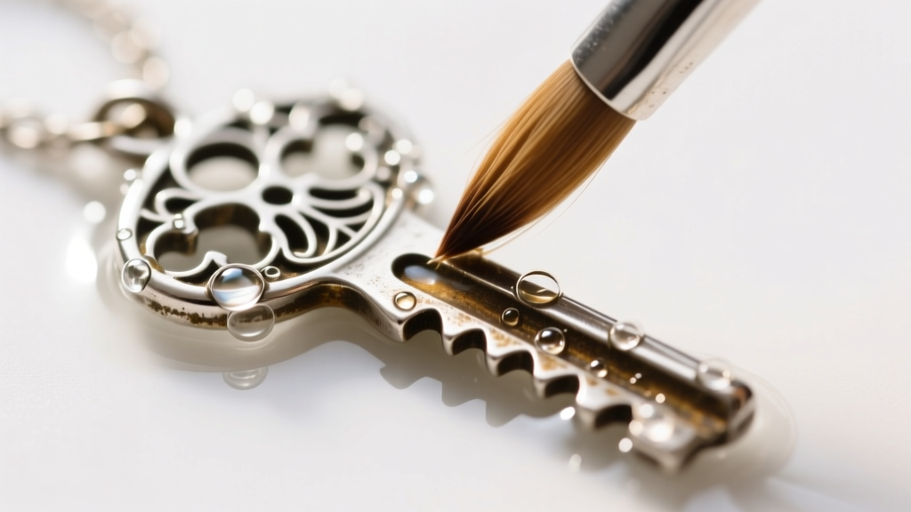 Macro shot of a soft brush cleaning the intricate teeth of a tarnished sterling silver skeleton key pendant in warm soapy water