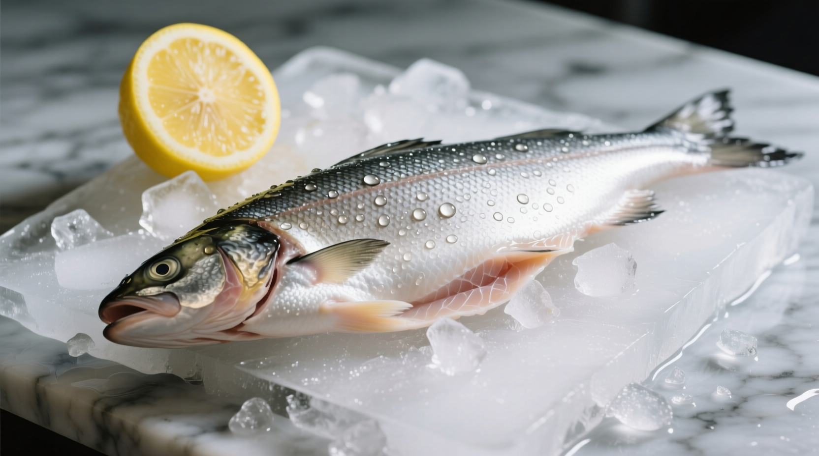 Fresh Chilean sea bass fillet on ice with lemon garnish