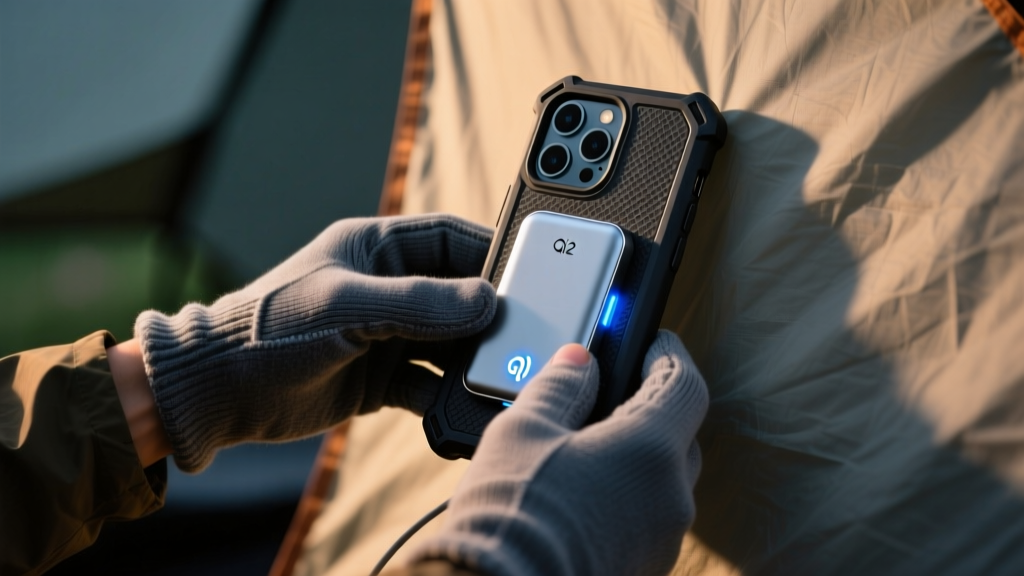 Hands wearing thin fleece liner gloves attaching a magnetic Qi2 wireless power bank to the back of a rugged smartphone case in a dim tent