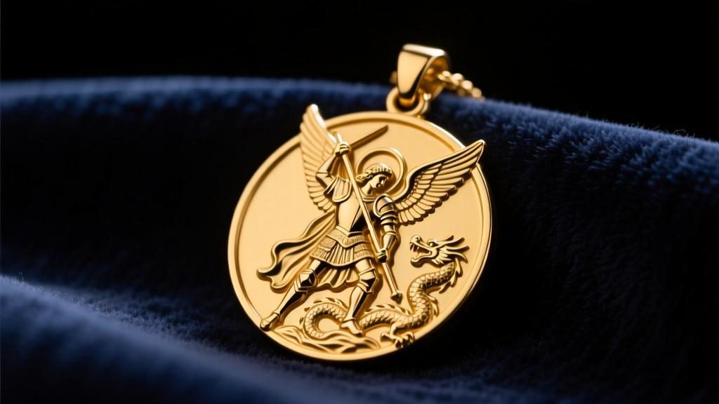 Close-up of a 14k yellow gold Saint Michael medal pendant on dark velvet, illuminated by soft, warm directional studio lighting.