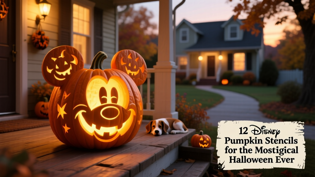 A glowing carved pumpkin featuring Mickey Mouse’s silhouette on a front porch at dusk