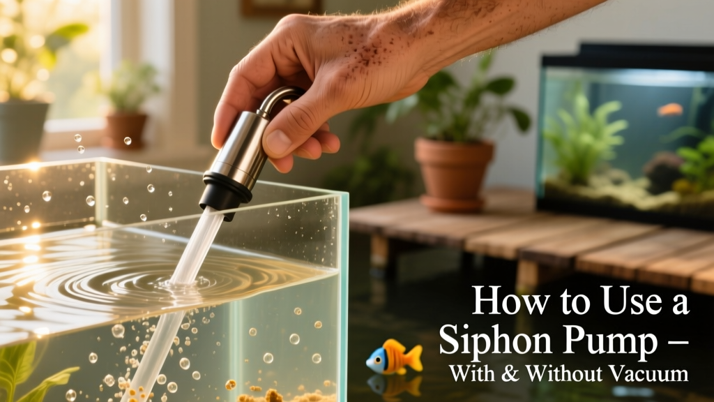 Hand holding a siphon pump submerged in a fish tank, with water and debris flowing through the tube
