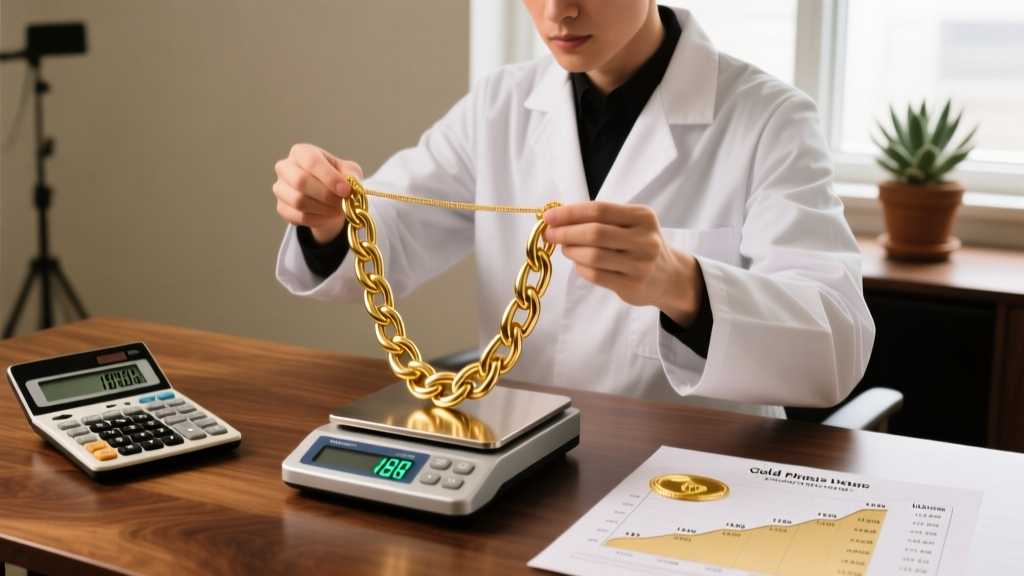 Jeweler using a digital scale to weigh a heavy 18k gold Figaro chain, next to a calculator and gold price chart on a wooden desk